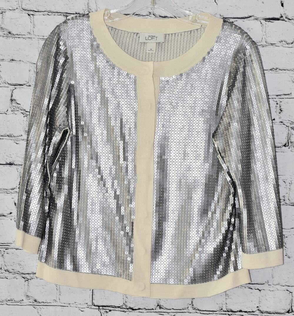 Ann Taylor LOFT Women's Cardigan Sequin 3/4 Sleeve Snap Button Sweater Size M